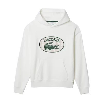 LACOSTE White Printed Hoodie - Loose Fit Long-Sleeve Pullover SH0067-70V