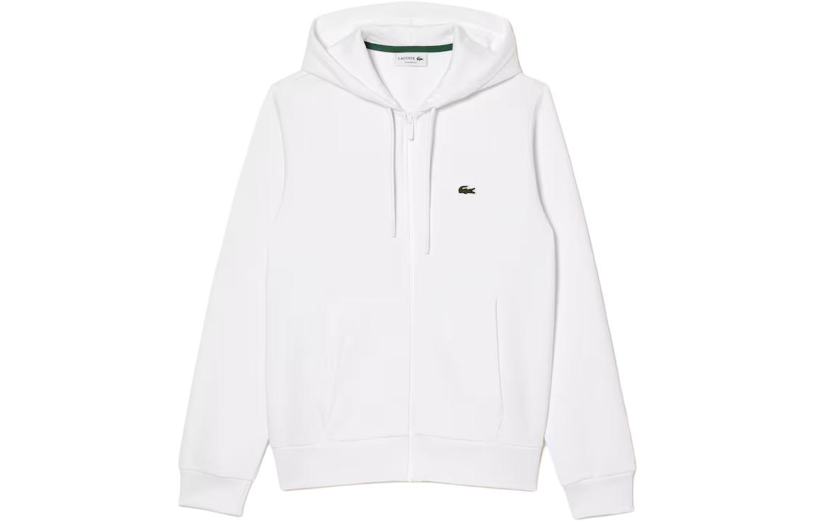 LACOSTE White Solid Color Embroidered Hoodie Zip-Up Jacket SH9626-001