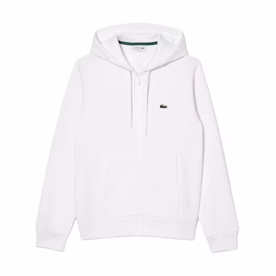 LACOSTE White Solid Color Embroidered Hoodie Zip-Up Jacket SH9626-001