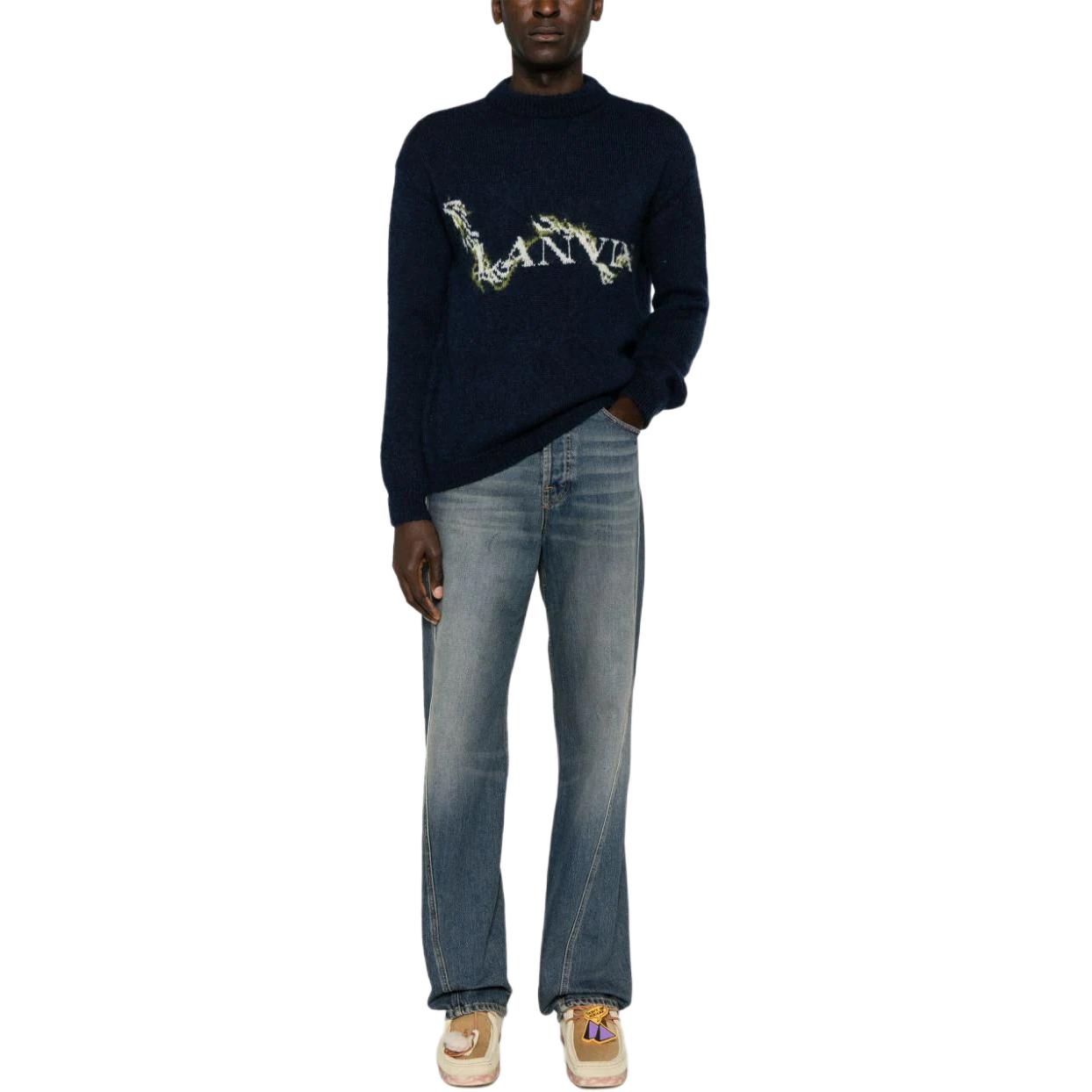 Lookbook Sweater Knit Lanvin Navy Blue Round Neck dengan Cetakan Huruf. RM-PO0040-K031-P24277