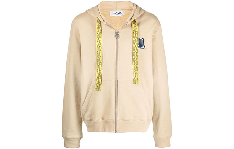 Lanvin Beige Drawstring Zip-Up Hoodie with Solid Color Patch Design RM-HO010-6J200P2-207