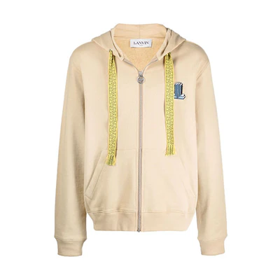 Lanvin Beige Drawstring Zip-Up Hoodie with Solid Color Patch Design RM-HO010-6J200P2-207
