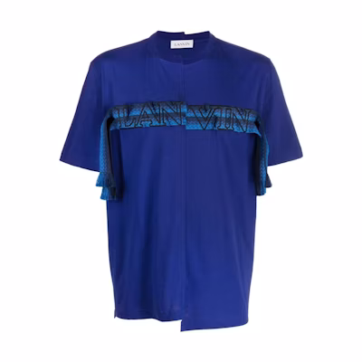 Lanvin FW22 Blue Letter Logo Embroidered Fringe Detail Crewneck T-Shirt Men. RMTS0006J018H22214