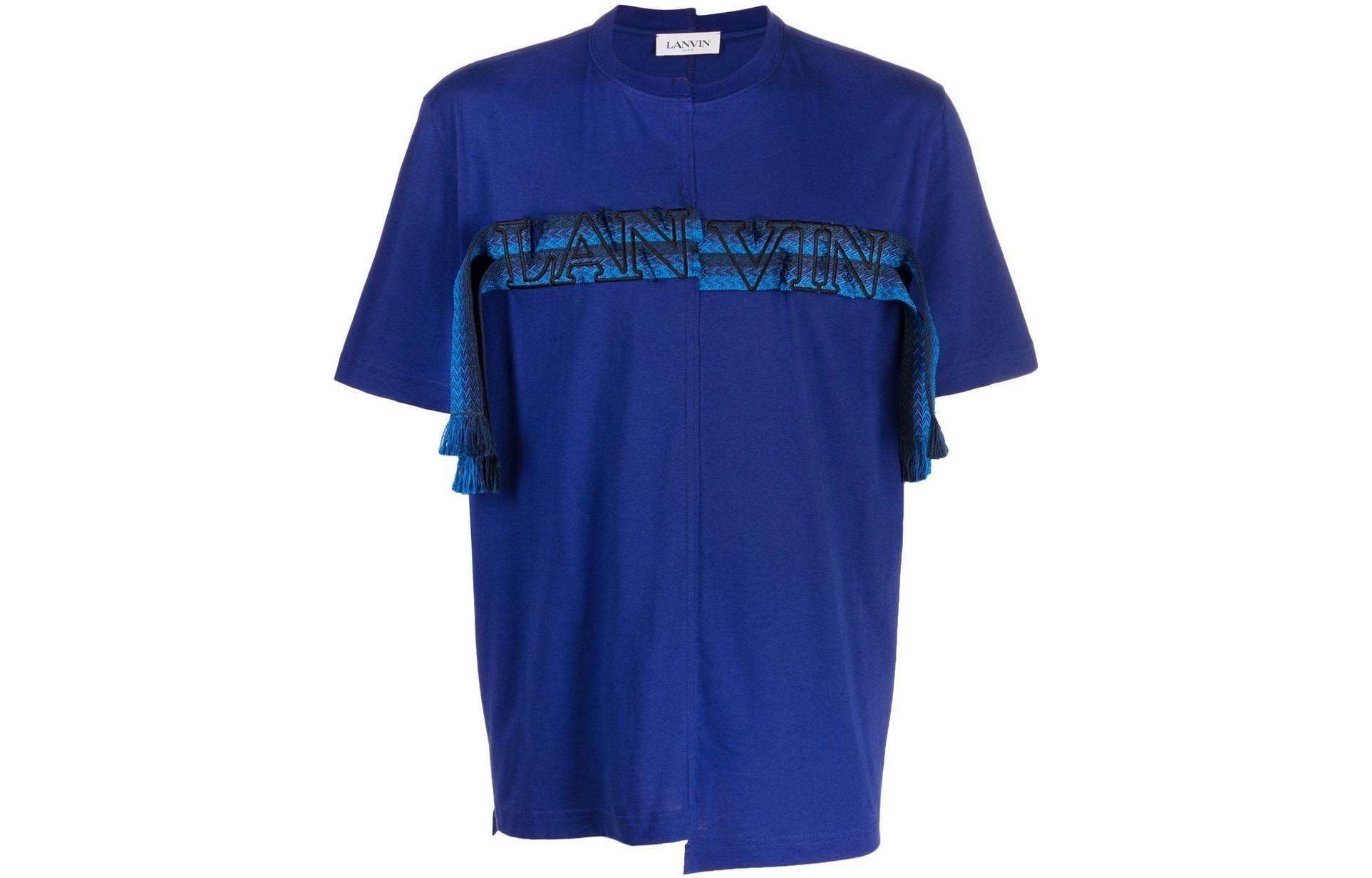 Order Lanvin FW22 Blue Letter Logo Embroidered Fringe Detail Crewneck T-Shirt Men. RMTS0006J018H22214