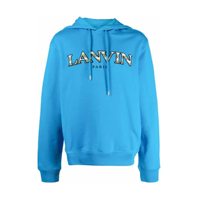 Lanvin SS22 Blue Cotton Hoodie with Logo Embroidery Drawstring. RM-HO0001-J209-P2222-2