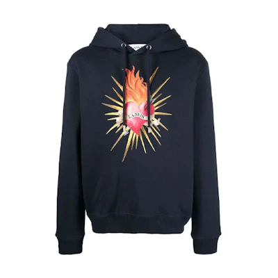 Lanvin SS22 Heart Print Drawstring Hoodie Men’s Navy Blue RM-HO0001-J206-P22291