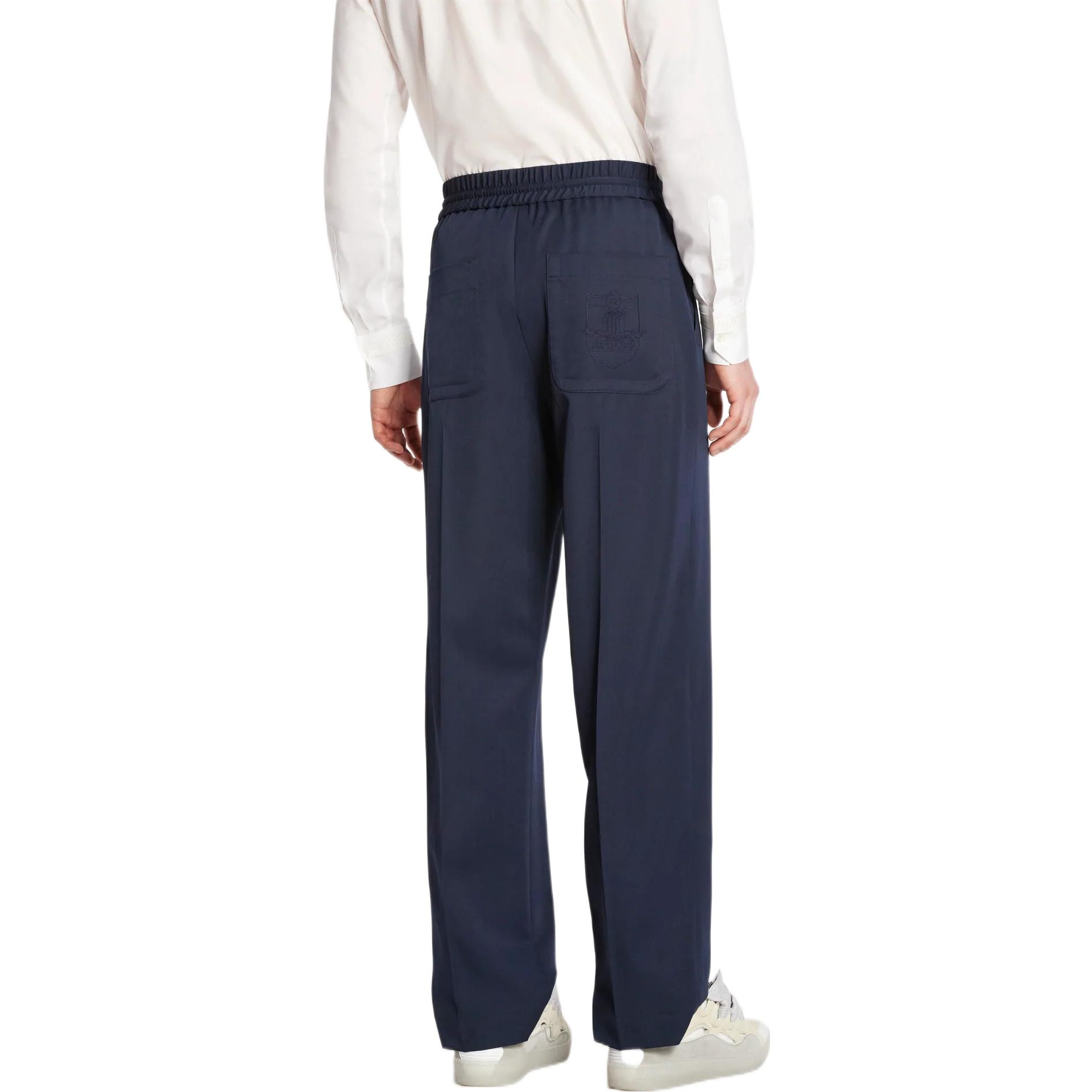 Shop Lanvin SS23 Joggers Azules de Lana con Bordado y Cordón. RM-TR9117-4576-A22291