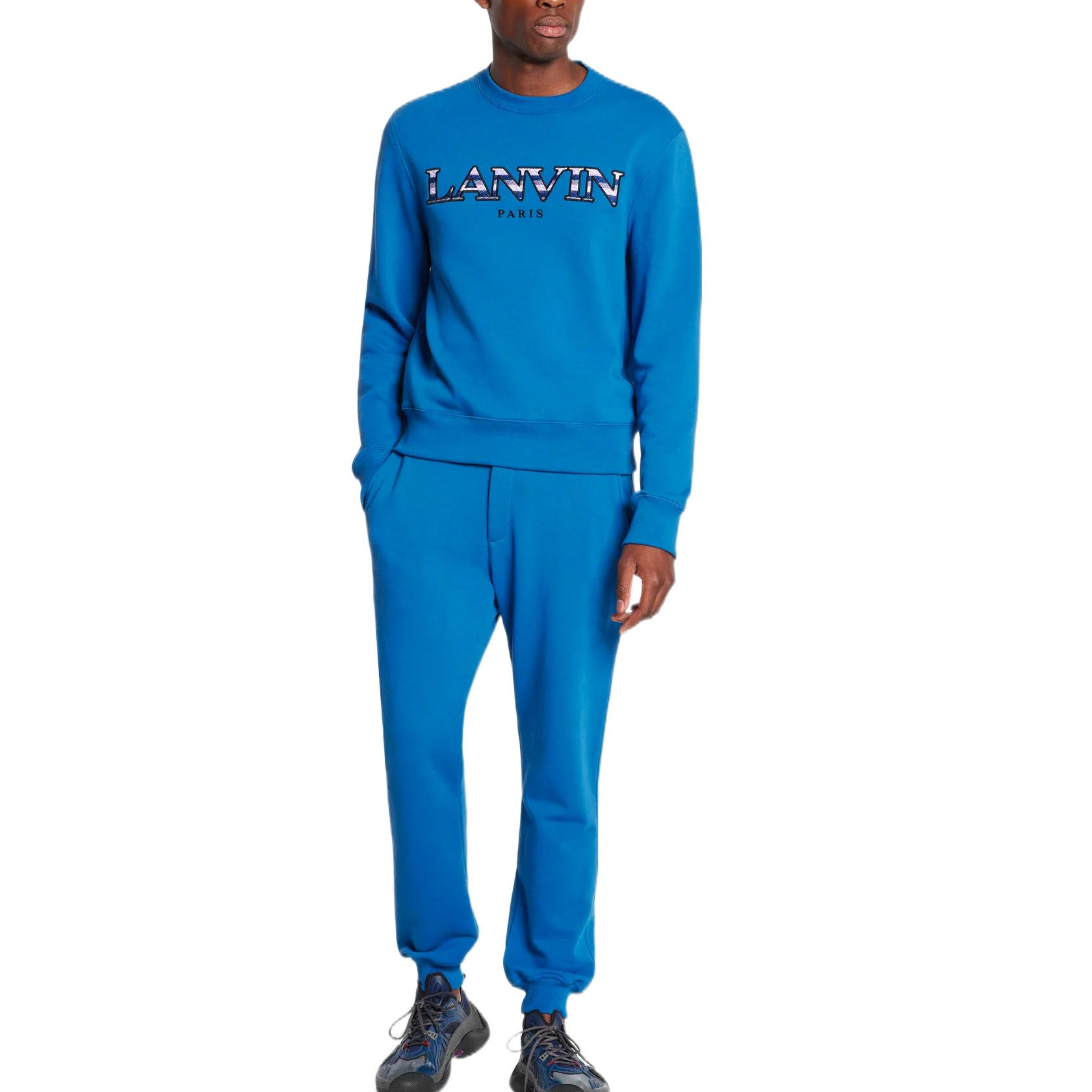 Lookbook 藍文Lanvin SS23刺繡字母印花藍色長袖圓領衛衣 男款 RM-SS0001-J209-A222