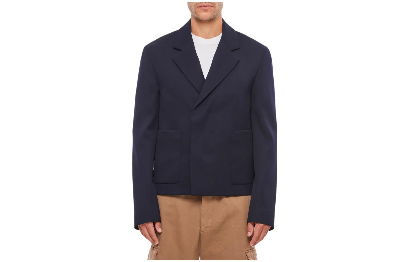Lanvin SS23 Solid Navy Blazer Jacket with Notch Lapel and No Closure RM-JA0035-4885-A23293