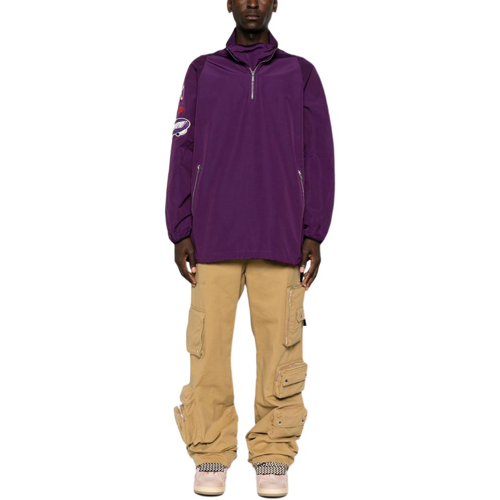 Lookbook 랑방 SS24 퍼플 로고 패치 루즈 하이넥 재킷. RM-OU0011-5920-P24750