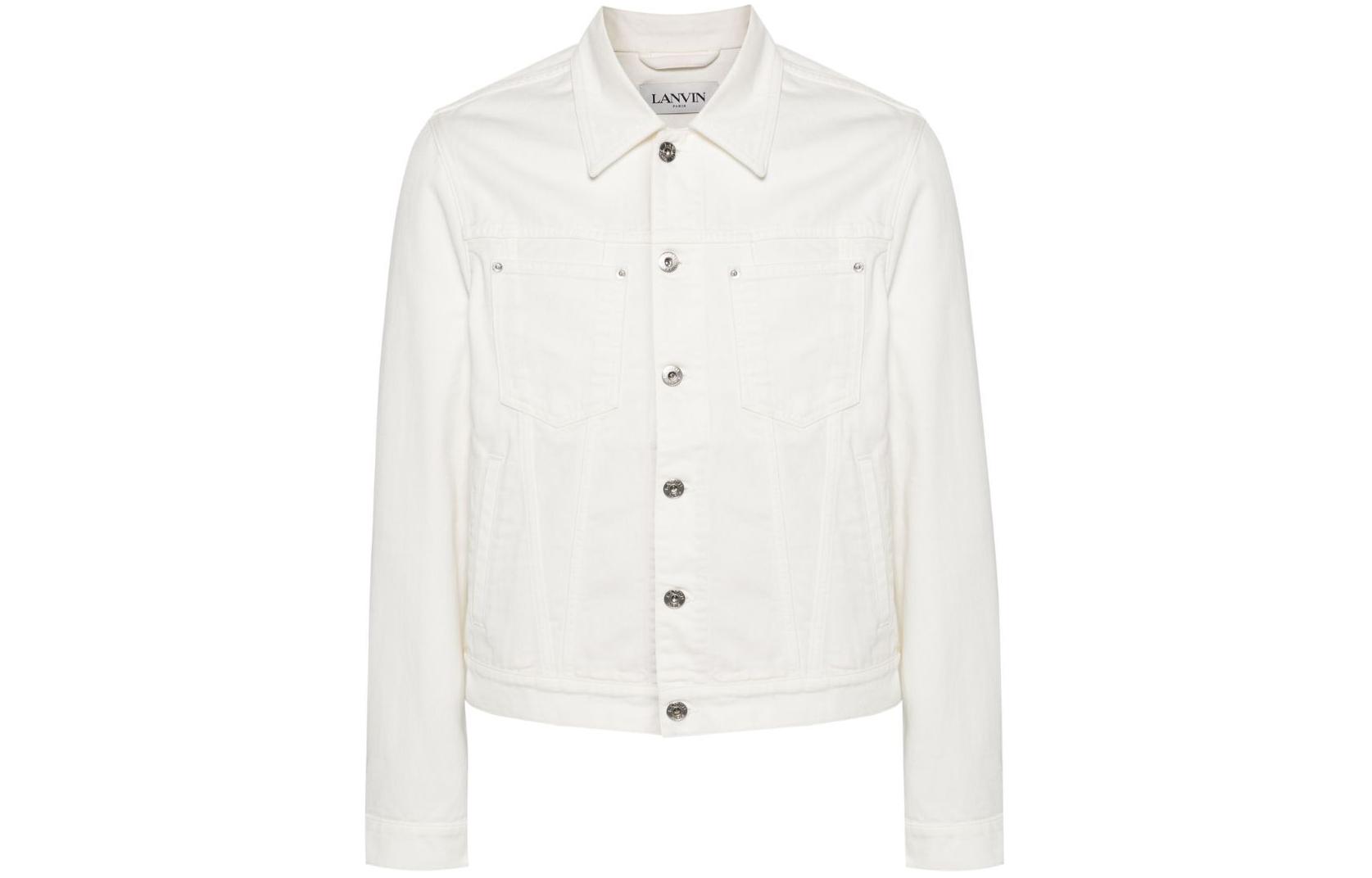 Order ランバン SS24 ホワイトデニムジャケット ロゴパッチ付き、シングル、リラックスフィット RM-JA0003-D076-P24