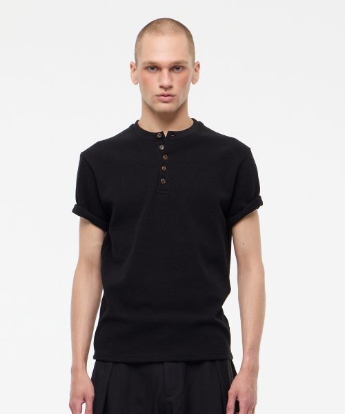 LE AVE Waffle Button Henley Half T-Shirt Black LE8SIN23BK