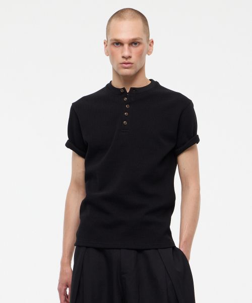 Order LE AVE Waffle Button Henley Half T-Shirt Black LE8SIN23BK