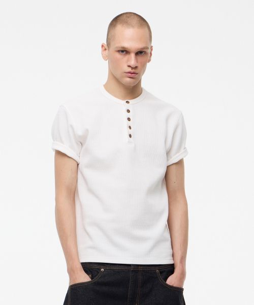 Order LE AVE Waffle Button Henley Neck Half T-Shirt White LE8SIN23WH