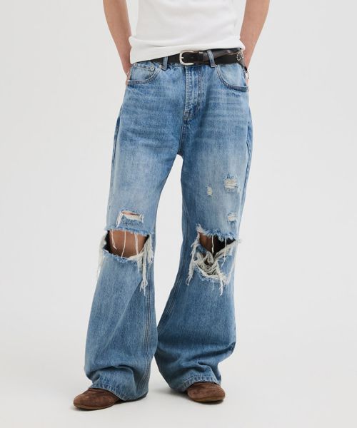 Shop LEIRE Distressed Flare Denim Pants [Light Blue] L26SMPA02301