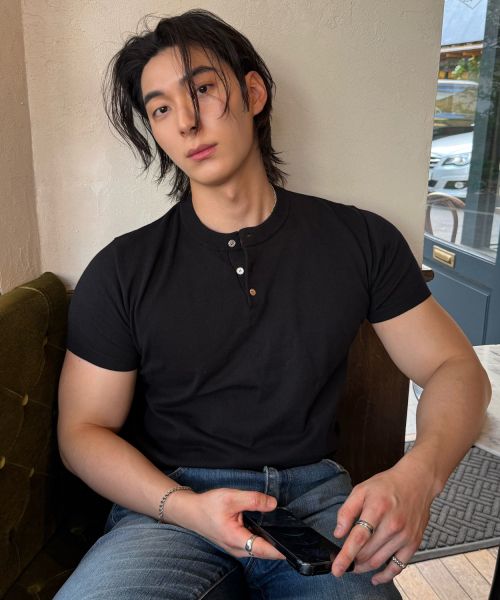 Shop LEIRE Muscle Fit Henley Neck Short Sleeve Knit [Black] L25SMKN00201