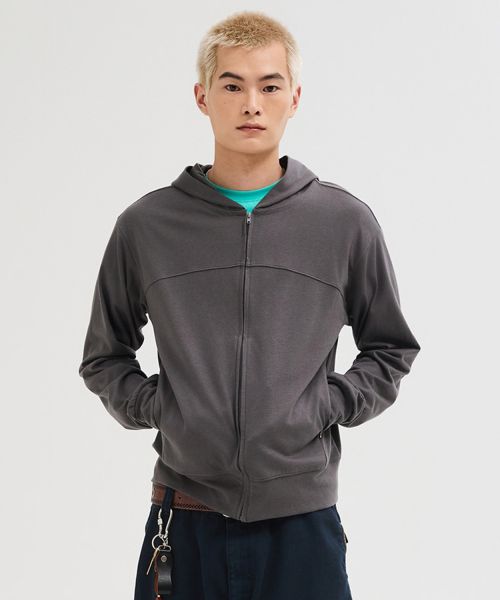 Sizing LEIRE Slim Fit Hoodie Ringan dengan Resleting [Abu-abu Tua] L26SPOU00102