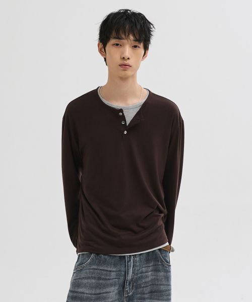 Order Leire Soft Henley Neck Long Sleeve T-Shirt [Brown] L26SPTS00704