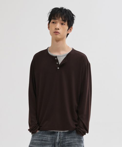 Lookbook Leire Soft Henley Neck Long Sleeve T-Shirt [Brown] L26SPTS00704