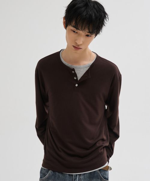 Shop Leire Soft Henley Neck Long Sleeve T-Shirt [Brown] L26SPTS00704