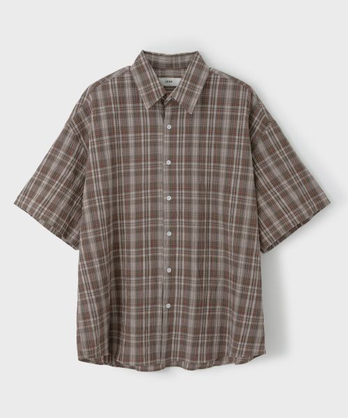 Sizing LEIRE Wrinkle Seersucker Check Short Sleeve Shirt [Khaki] L25SMSH00202