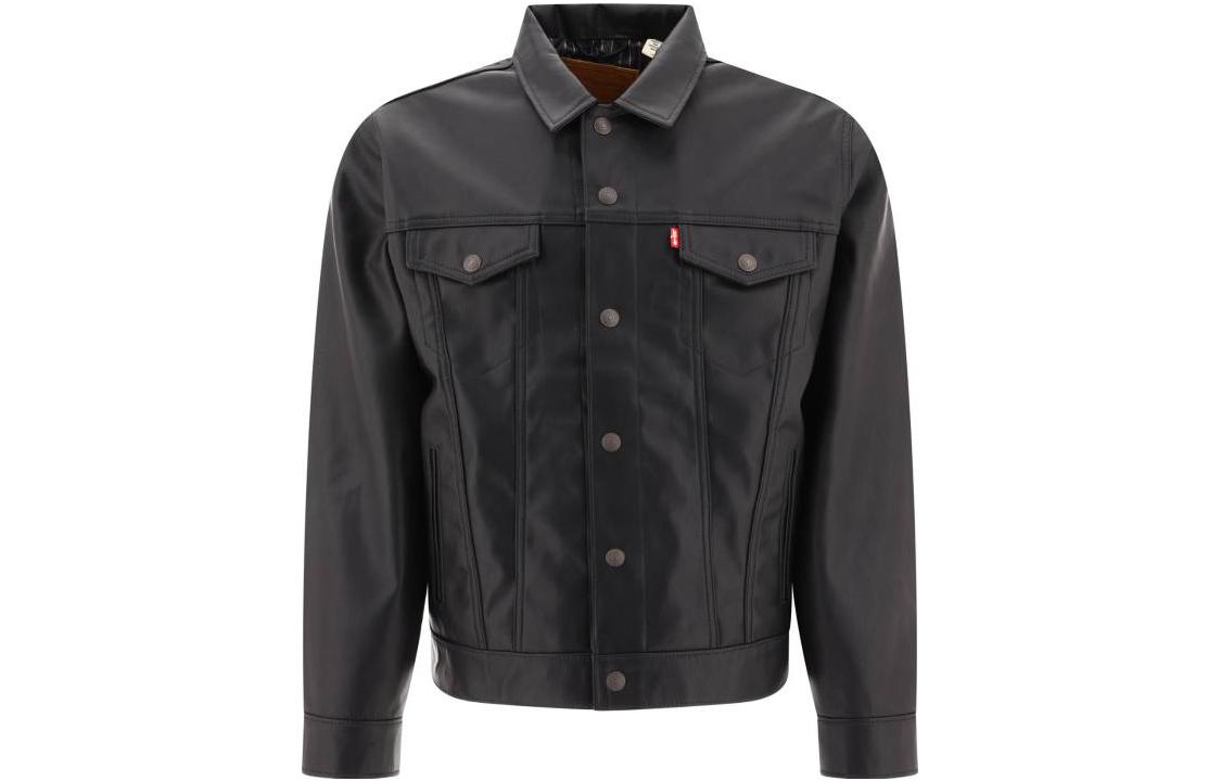 Levi's Black Glossy Leather Jacket with Buttoned Collar A5019-0000