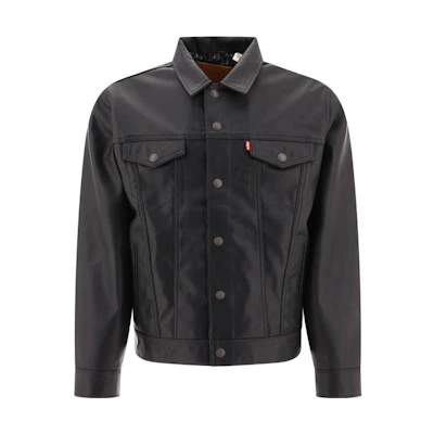 Levi's Black Glossy Leather Jacket with Buttoned Collar A5019-0000