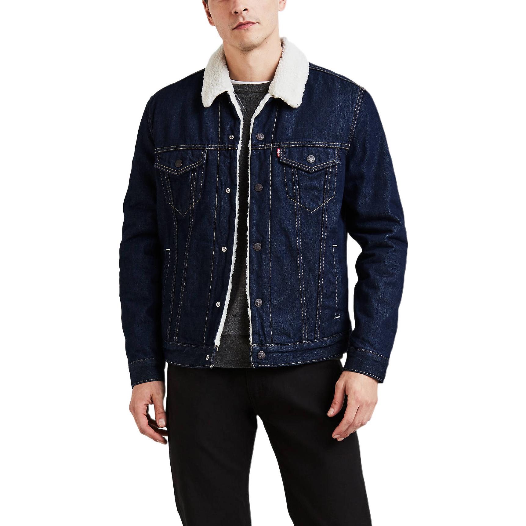 Lookbook Levi's Denim Long Sleeve Jacket Solid Color Single-Breasted - Dark Blue 16365-0084