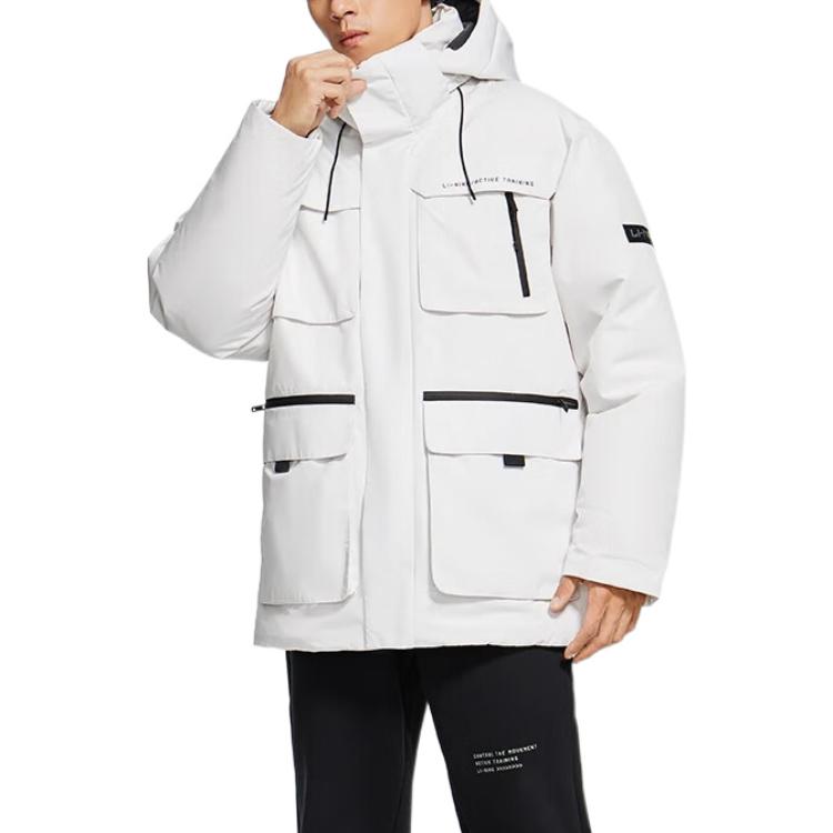 Shop Chaqueta Li-Ning Invierno Multi-Bolsillos con Capucha Desmontable - Blanco Champagne AYMS311-1