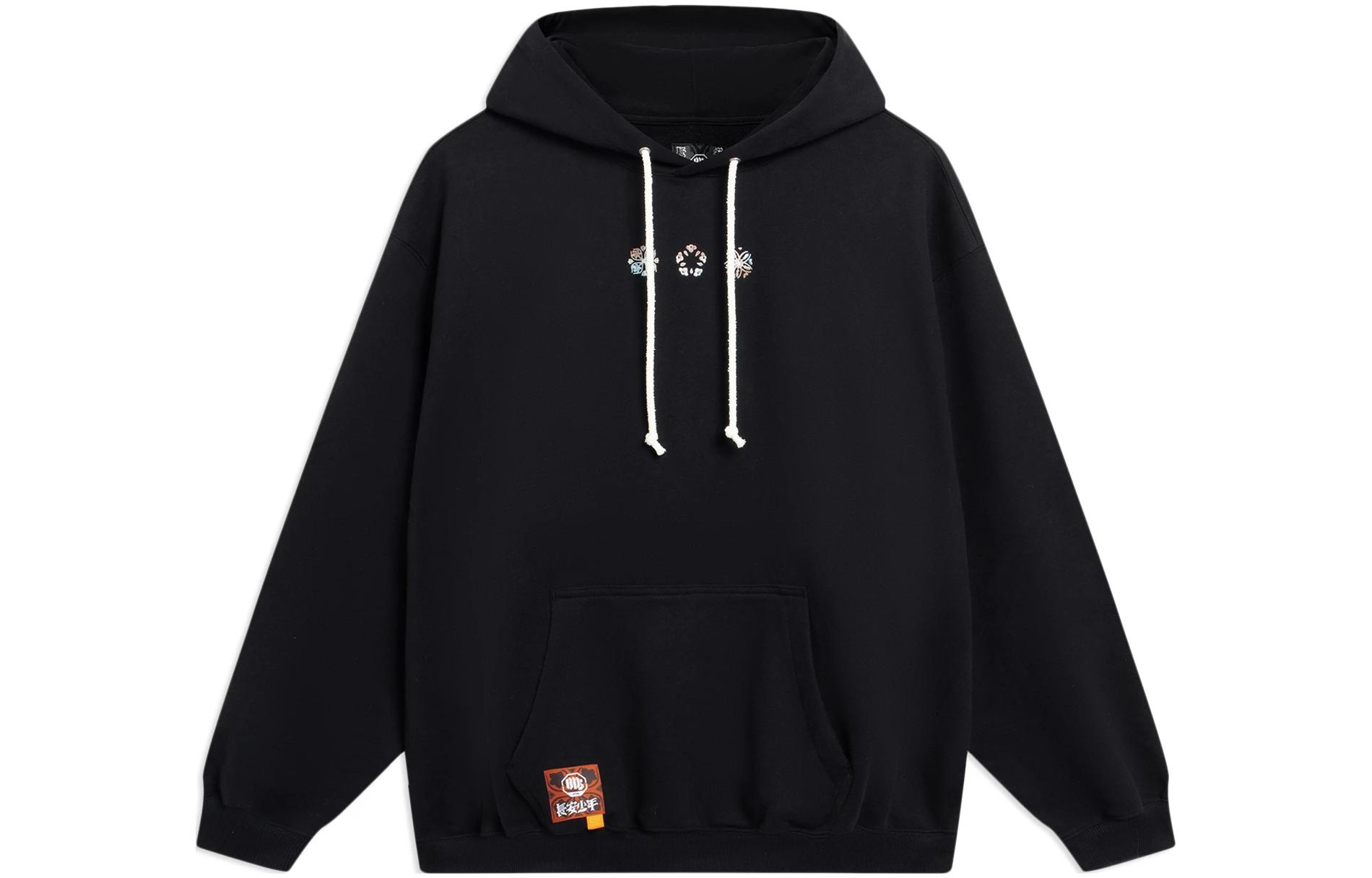 Li-Ning BADFIVE Floral Embroidered Drawstring Hoodie Unisex Black AWDSI45-2