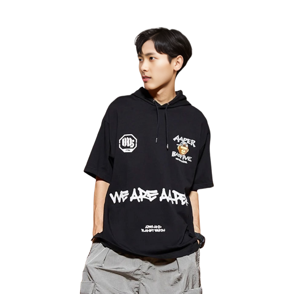 Shop Li-Ning BADFIVE Hoodie Lengan Pendek Hitam Ape Print Tema Taktikal AWDR719-1