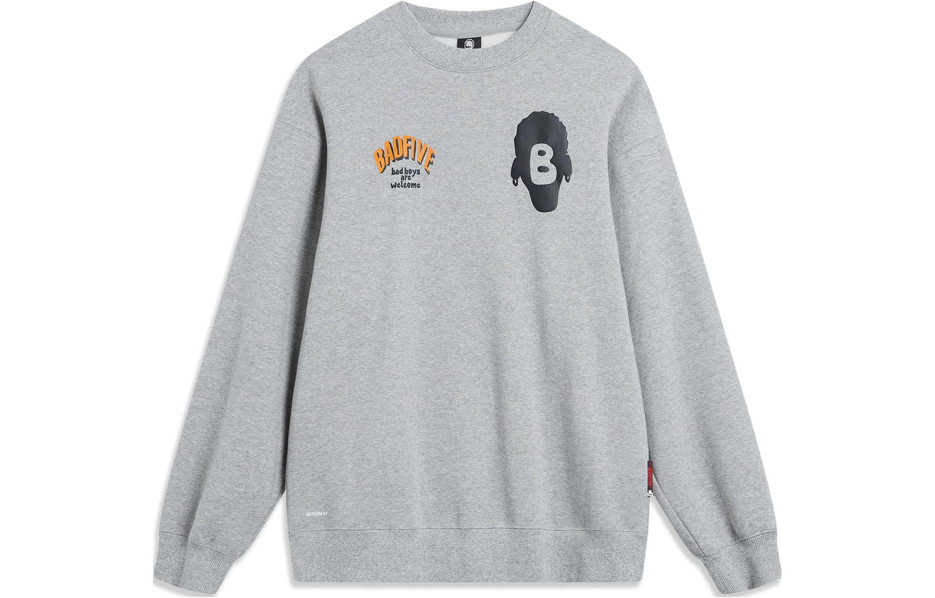 Li-Ning BADFIVE Letter Crewneck Fleece Pullover Sweatshirt Men’s Light Grey AWDT873-2