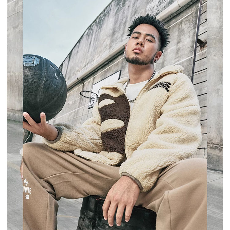 Sizing Li-Ning BADFIVE Letter Print Hoodie Fleece Jacket - Misty Khaki AFDT665-1