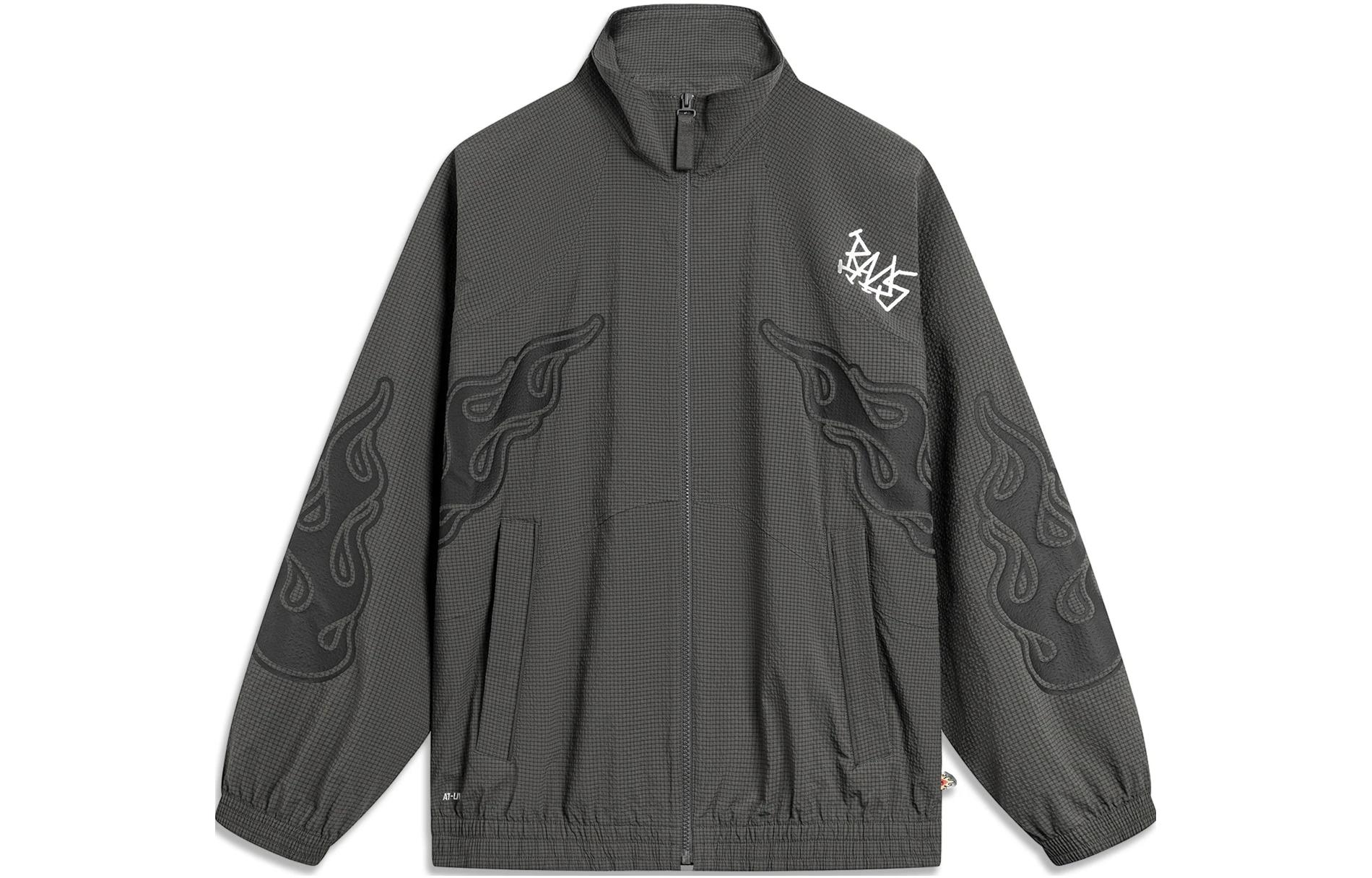 Li-Ning BADFIVE Relaxed Fit "Tea Break" Flame Print Track Jacket Obsidian Gray Men. AFDT909-1