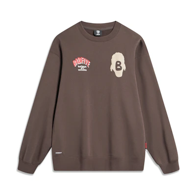 Li-Ning Basketball Letter Crewneck Fleece Pullover Sweatshirt Brown AWDT873-4