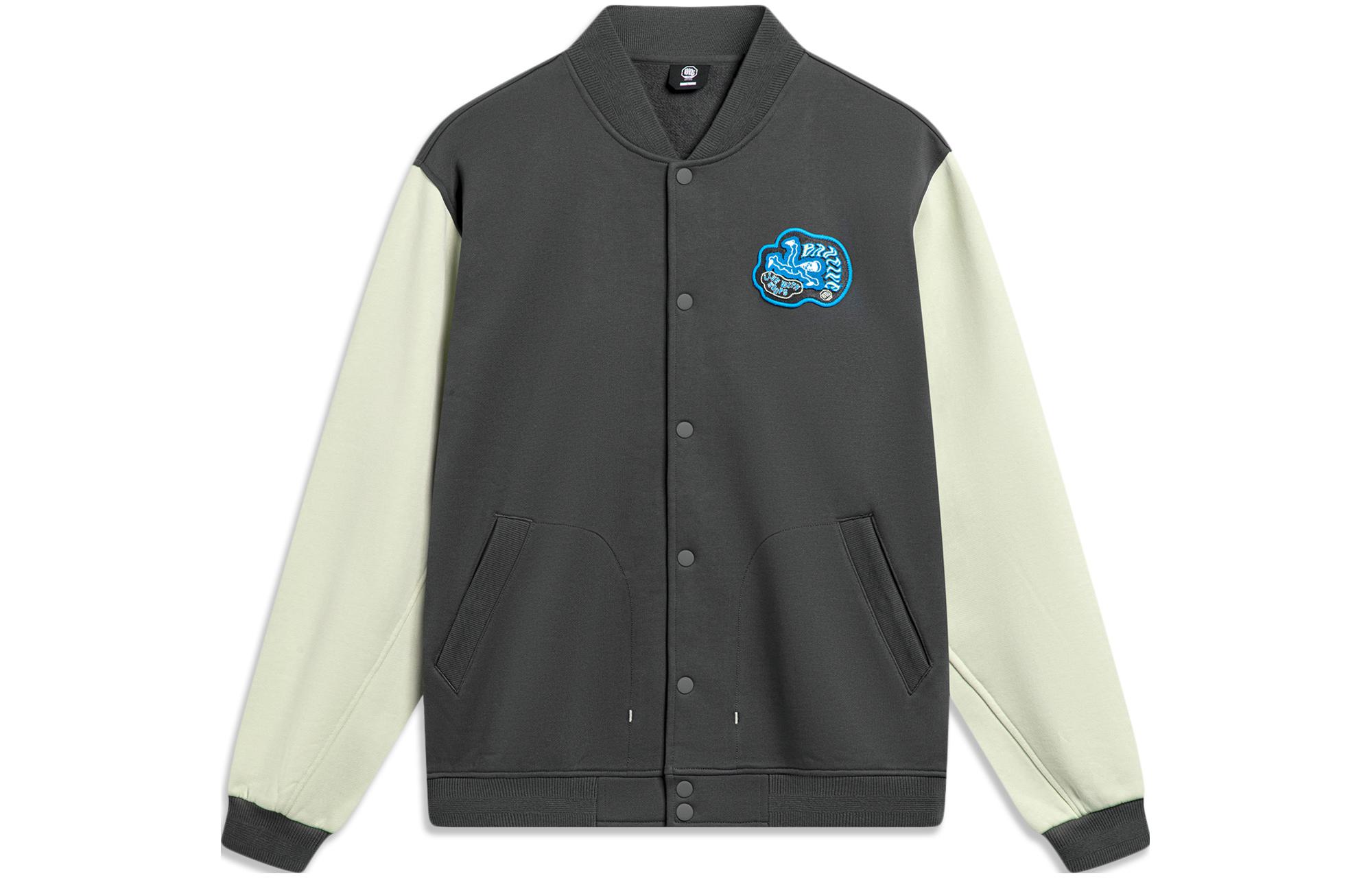 Li-Ning Basketball Series Letter Print Baseball Collar Jacket Obsidian Gray Men AJDU007-5