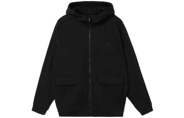 Li-Ning Black Oversized Hoodie Jacket with Zipper and Multi-Pockets AWDR475-1