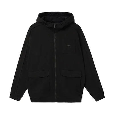 Li-Ning Black Oversized Hoodie Jacket with Zipper and Multi-Pockets AWDR475-1