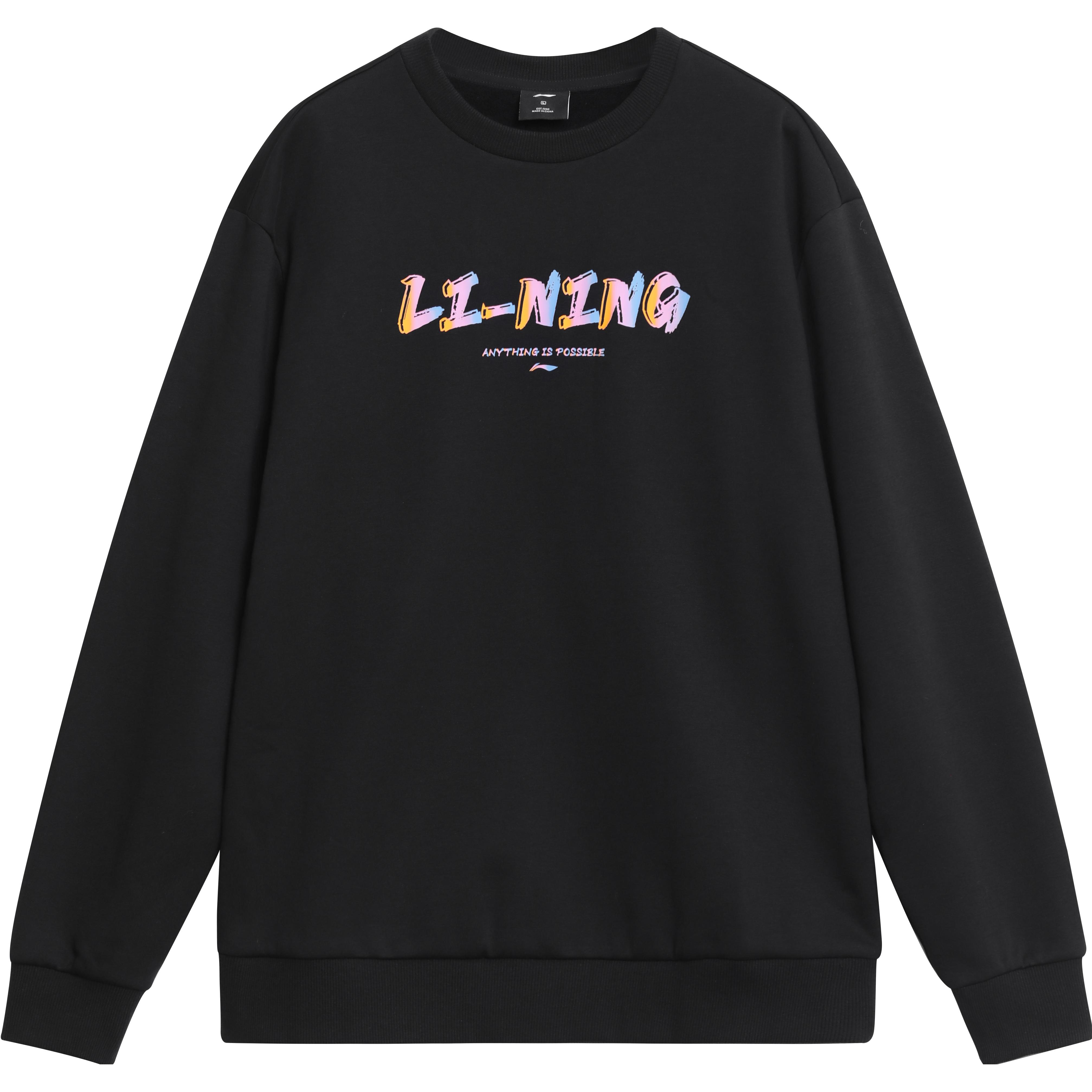 Li-Ning Black Unisex Logo Crewneck Casual Knit Long-Sleeve Sweatshirt AWDTE03-1