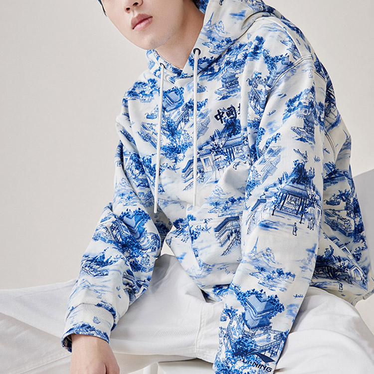 Details for 리닝 블루 도자기 프린트 루즈핏 풀오버 후디 AWDQ253-1