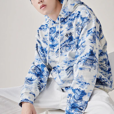 리닝 블루 도자기 프린트 루즈핏 풀오버 후디 AWDQ253-1 Details for 리닝 블루 도자기 프린트 루즈핏 풀오버 후디 AWDQ253-1