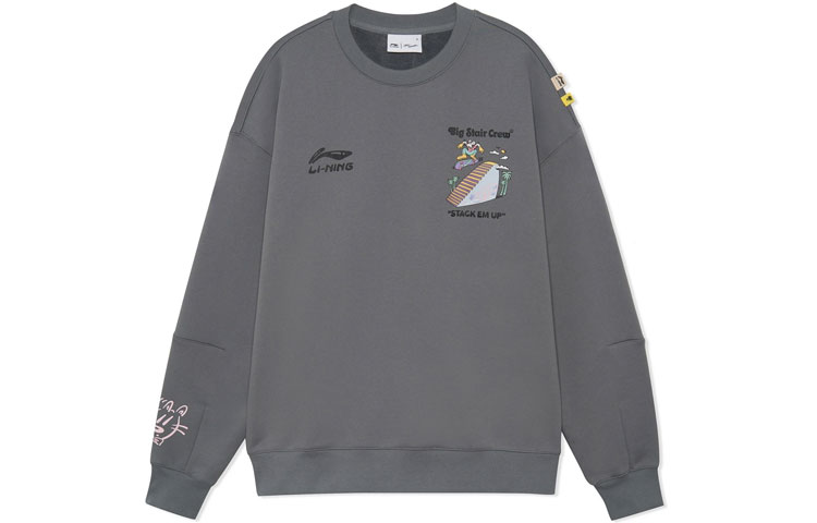 Li-Ning Cartoon Graphic Fleece Sweatshirt Grey Unisex Skateboarding Style AWDRF81-1