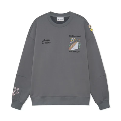 Li-Ning Cartoon Graphic Fleece Sweatshirt Grey Unisex Skateboarding Style AWDRF81-1