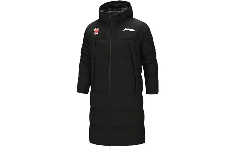 Li-Ning CBA Series Winter  Long Hooded Down Jacket Black Warm Windproof AYMQ099-1（CBALogo）