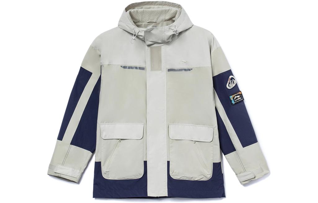 Li-Ning Colorblock Fleece Hooded Jacket Beige Winter Casual Style AFDR755-3