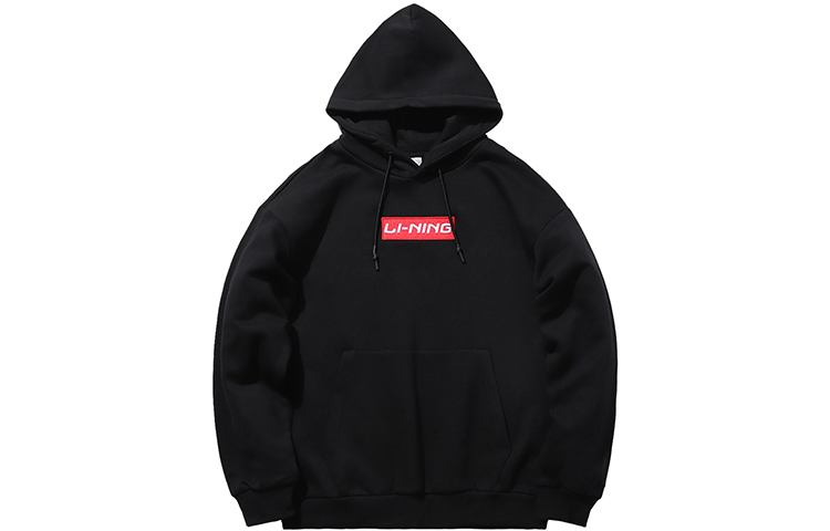 Li-Ning Embroidered Logo Hoodie Black Unisex Fleece-Lined Pullover Sweater AWDR569-2