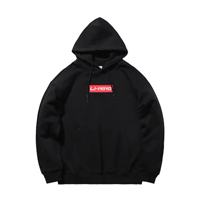 Li-Ning Embroidered Logo Hoodie Black Unisex Fleece-Lined Pullover Sweater AWDR569-2