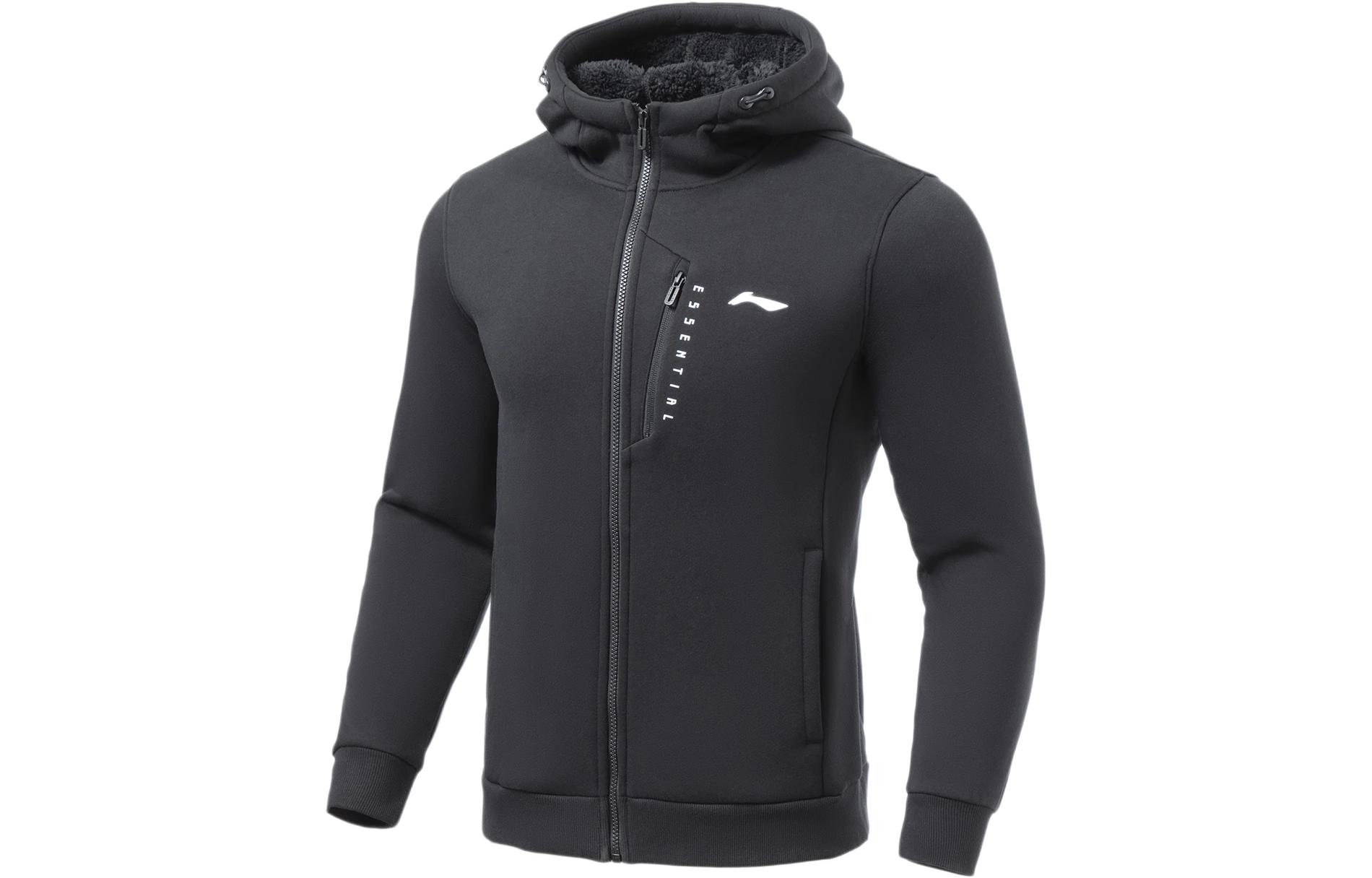 Li-Ning Fitness Hoodie Logo Print Fleece Black Jacket AWDRE57-1