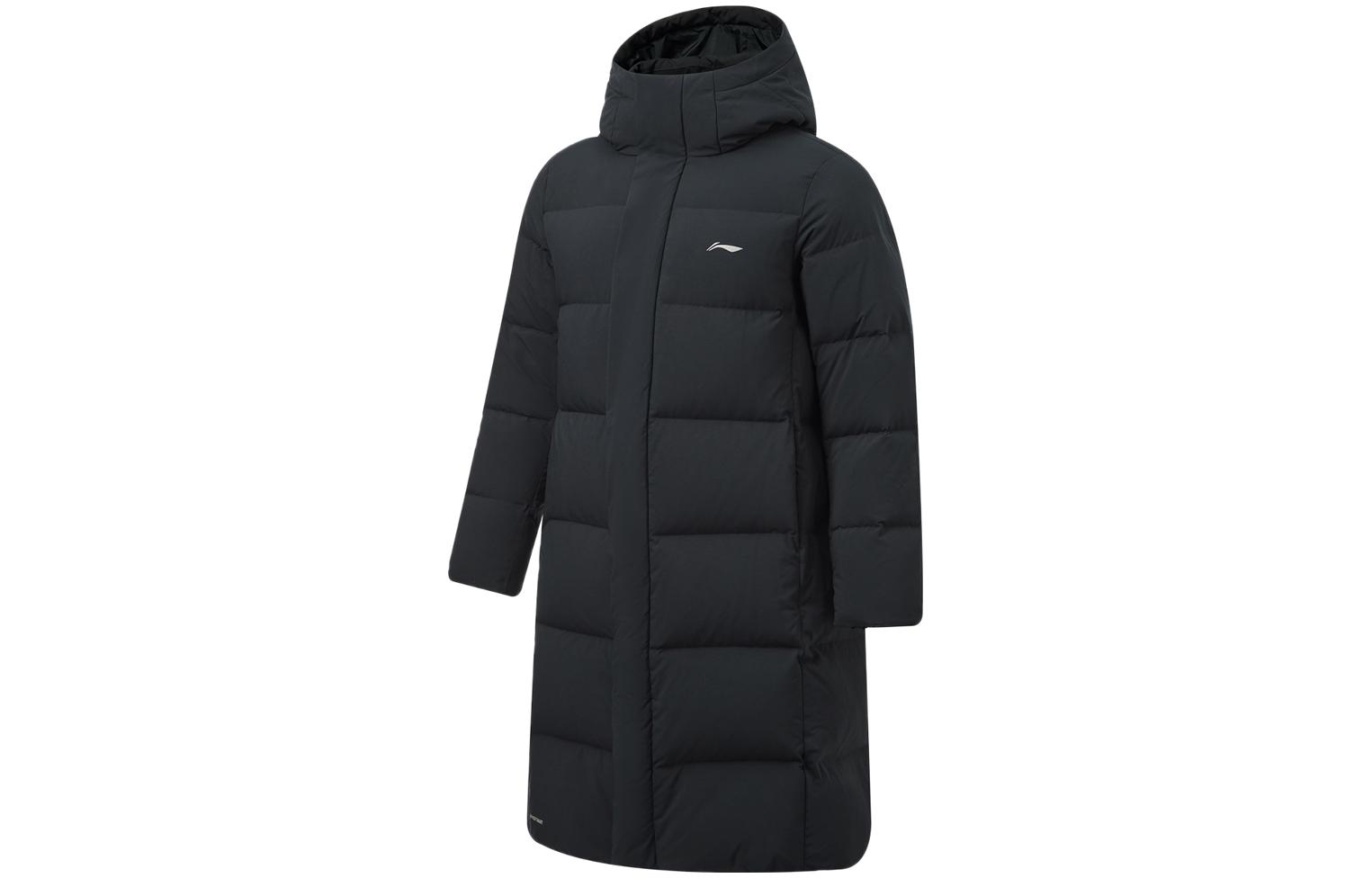 Li-Ning Fitness Series  Black Long Down Jacket with Large Back Logo Hoodie AYMT107-1