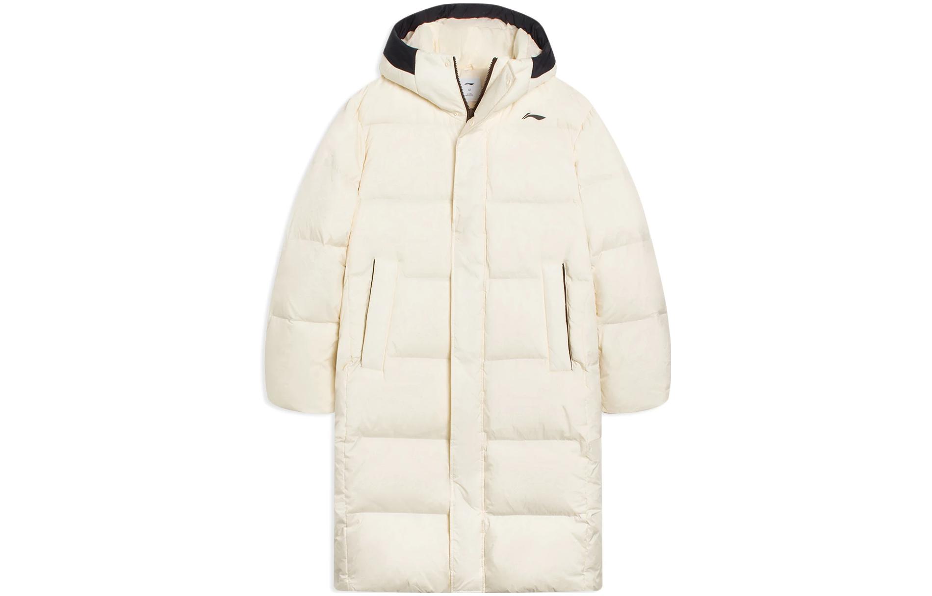 Li-Ning Fitness Series  Long Hooded Down Jacket Swan White Logo Print. AYMS021-2